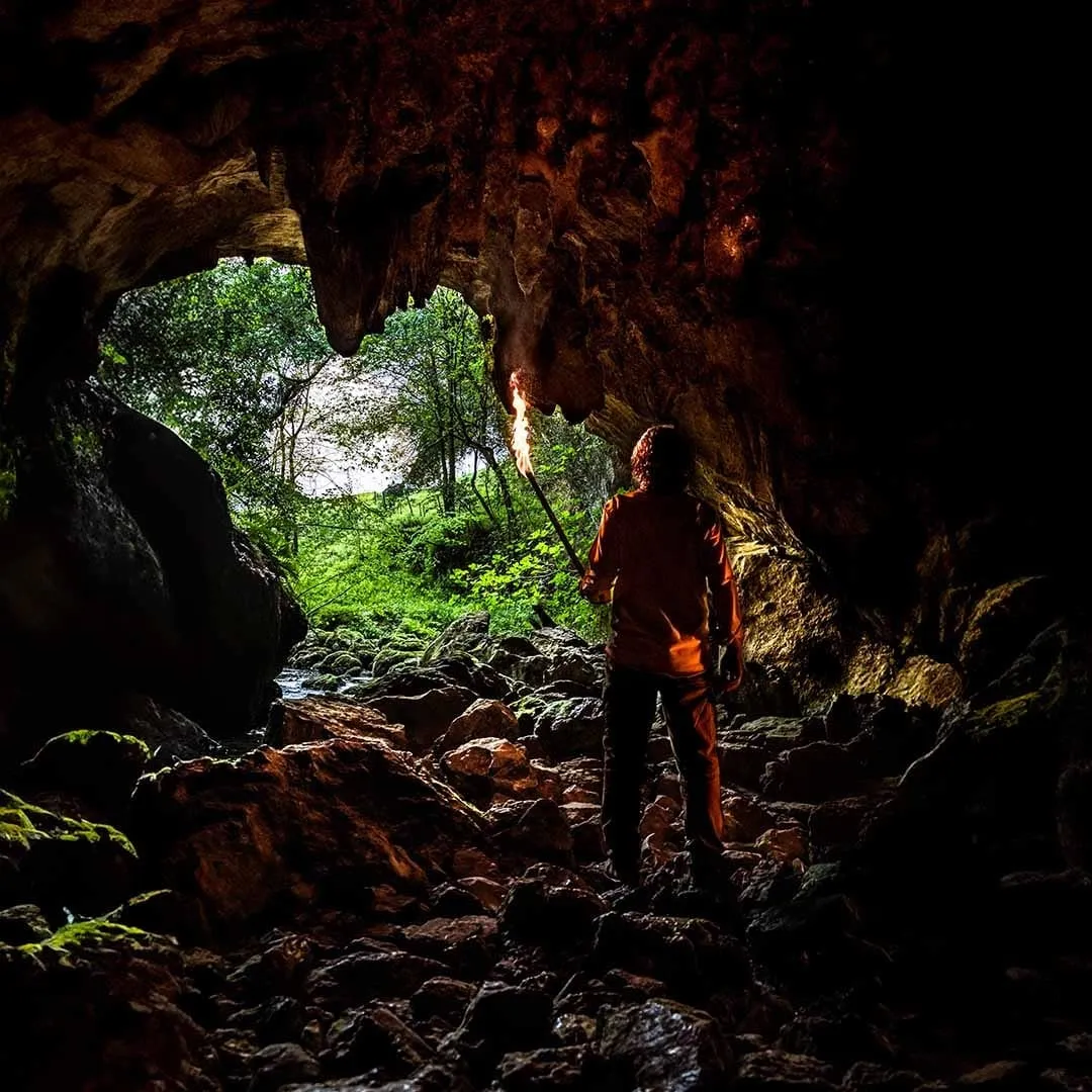 Hombre de espaldas con una antorcha encendida en la entrada de una cueva que se abre a un bosque verde