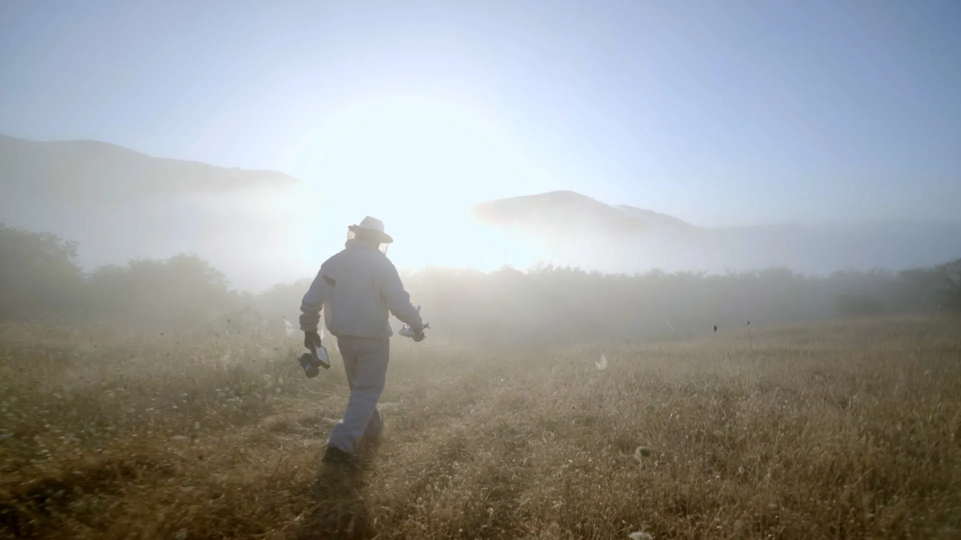 Un productor camina entre la niebla de un prado al amanecer