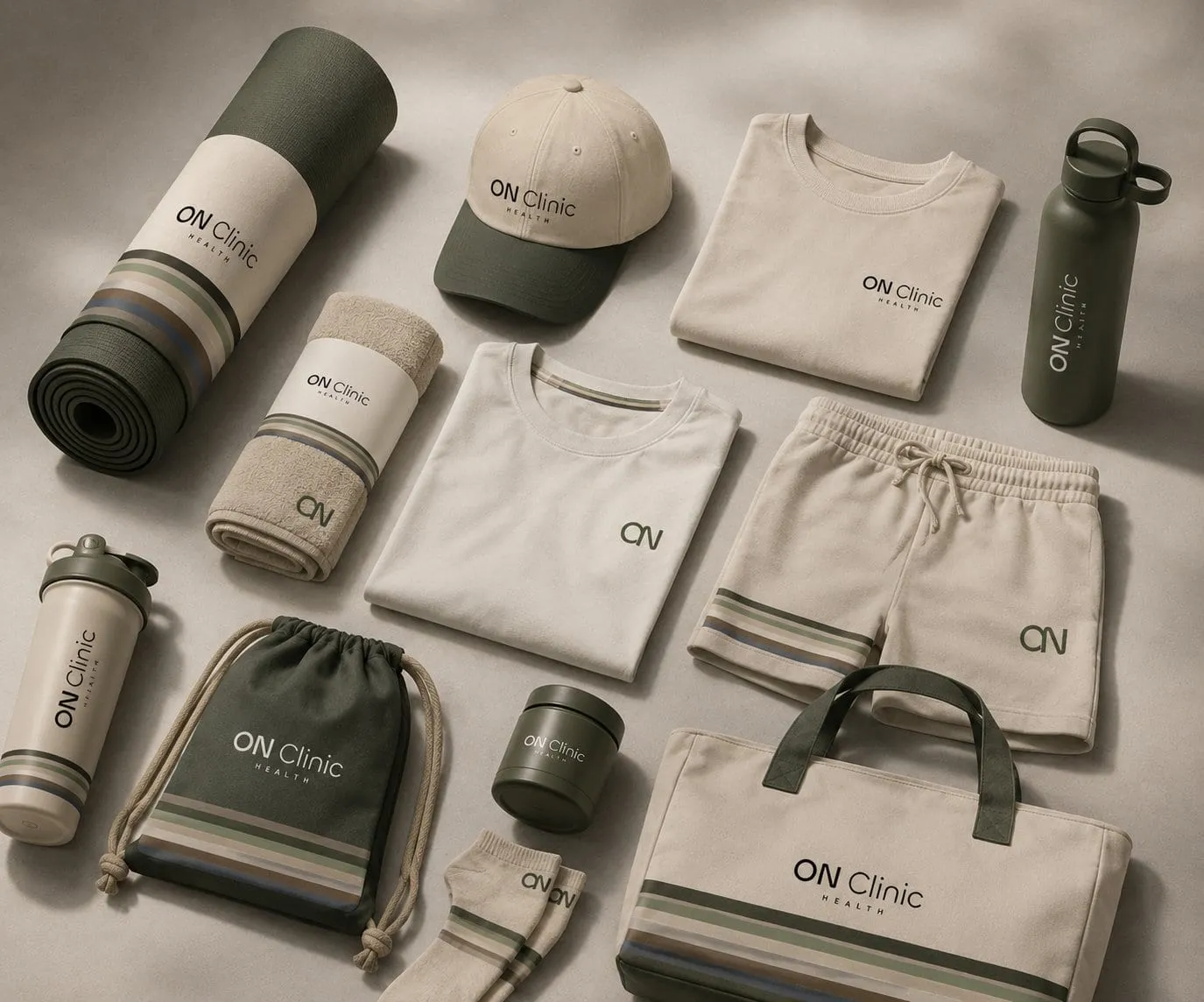Esterilla, gorra, camisetas, botellas y bolsas con la marca ON Clinic sobre fondo neutro