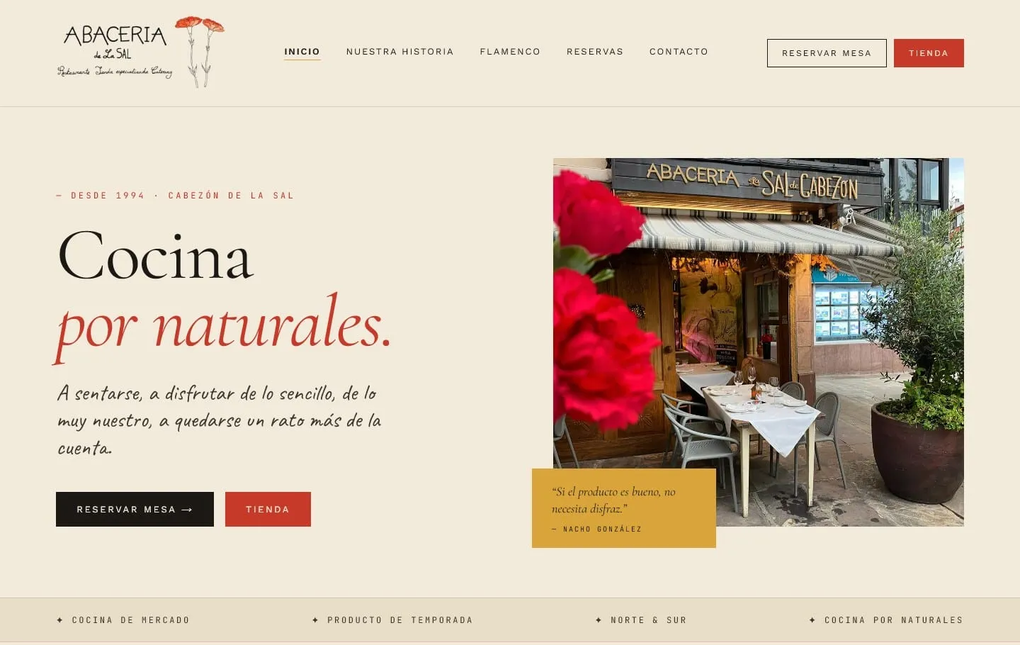 Portada de la nueva web de Abacería de la Sal con el titular Cocina por naturales y la fachada del restaurante