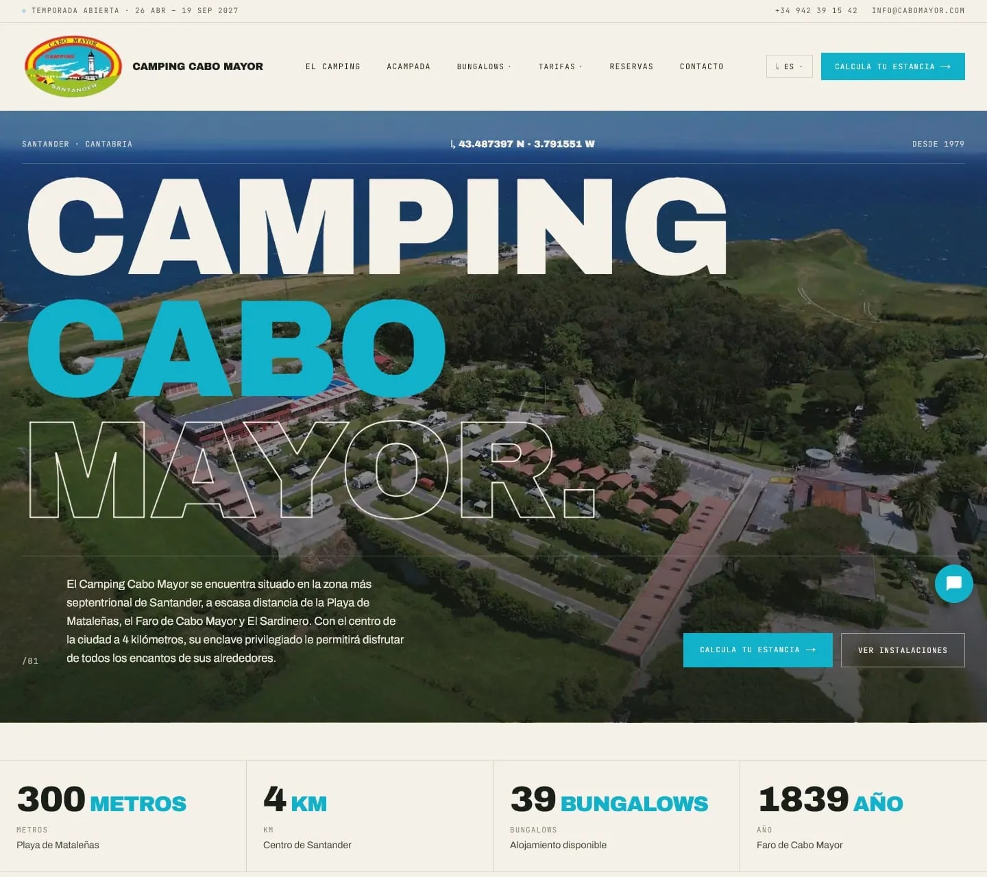Portada de cabomayor.com con el titular Camping Cabo Mayor sobre una vista aérea y la fila de cifras