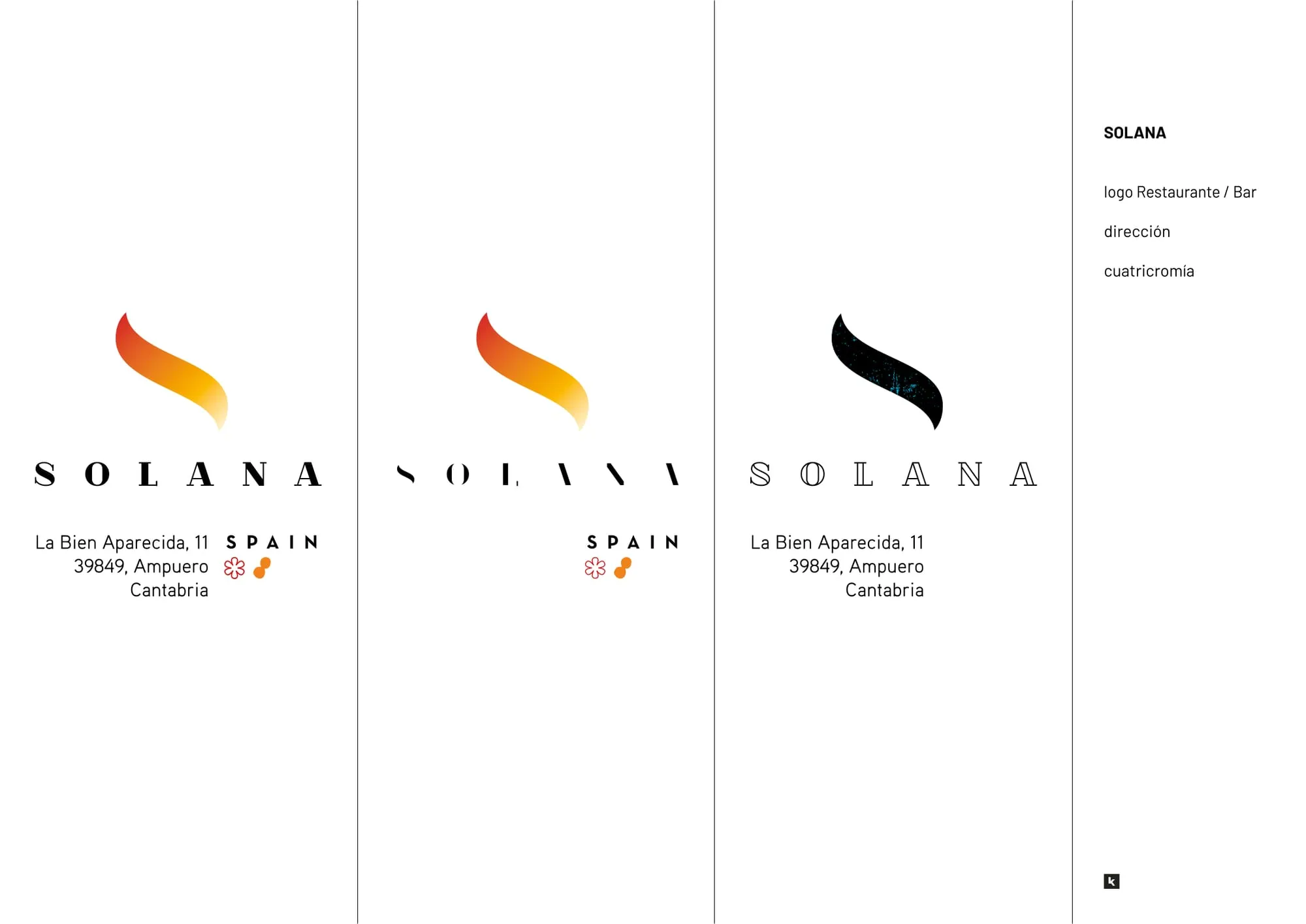 Página del dossier de marca con tres versiones del logotipo, la dirección en Ampuero y los distintivos Michelin y Repsol