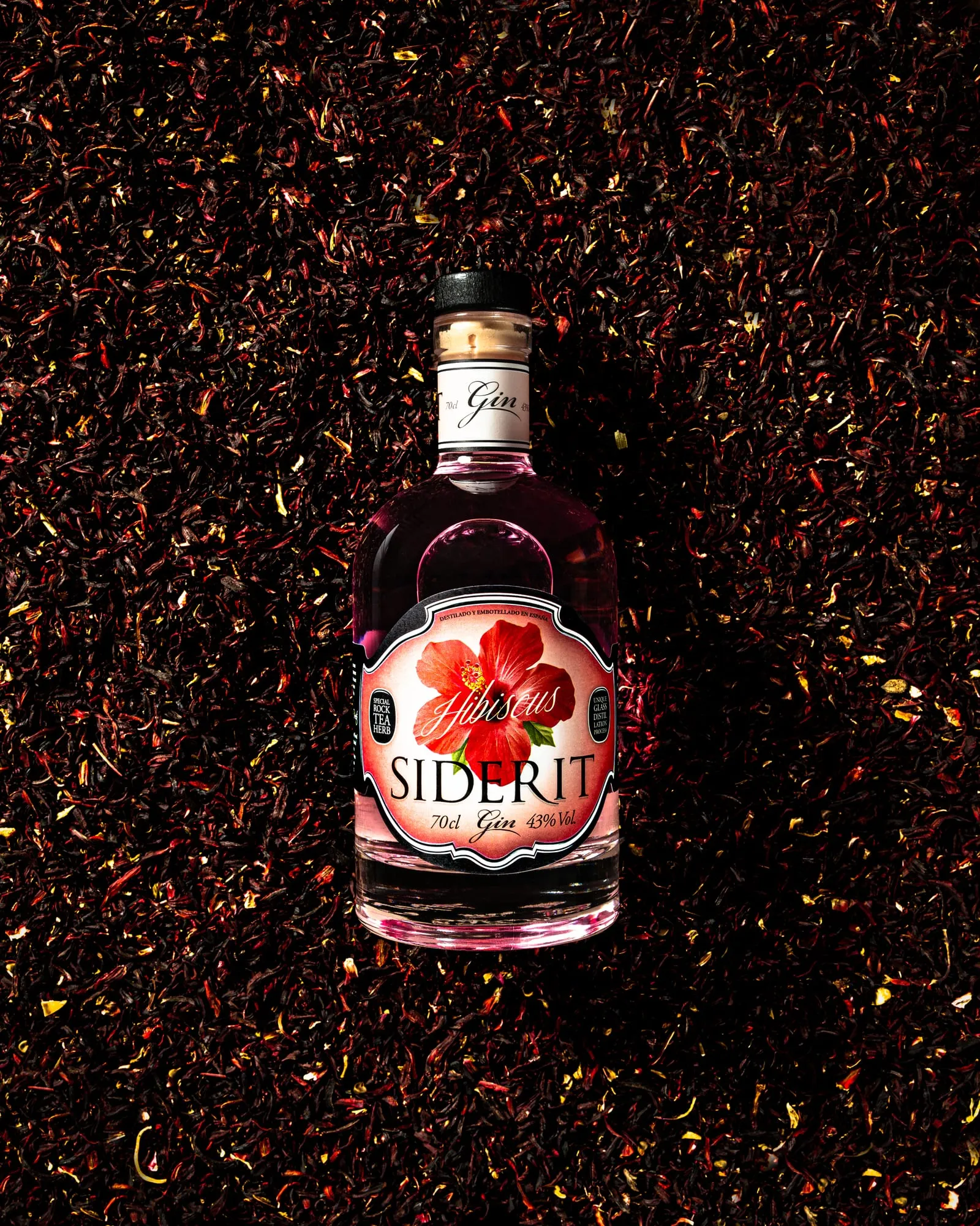 Ginebra rosa Siderit Hibiscus fotografiada cenital sobre pétalos secos de hibisco