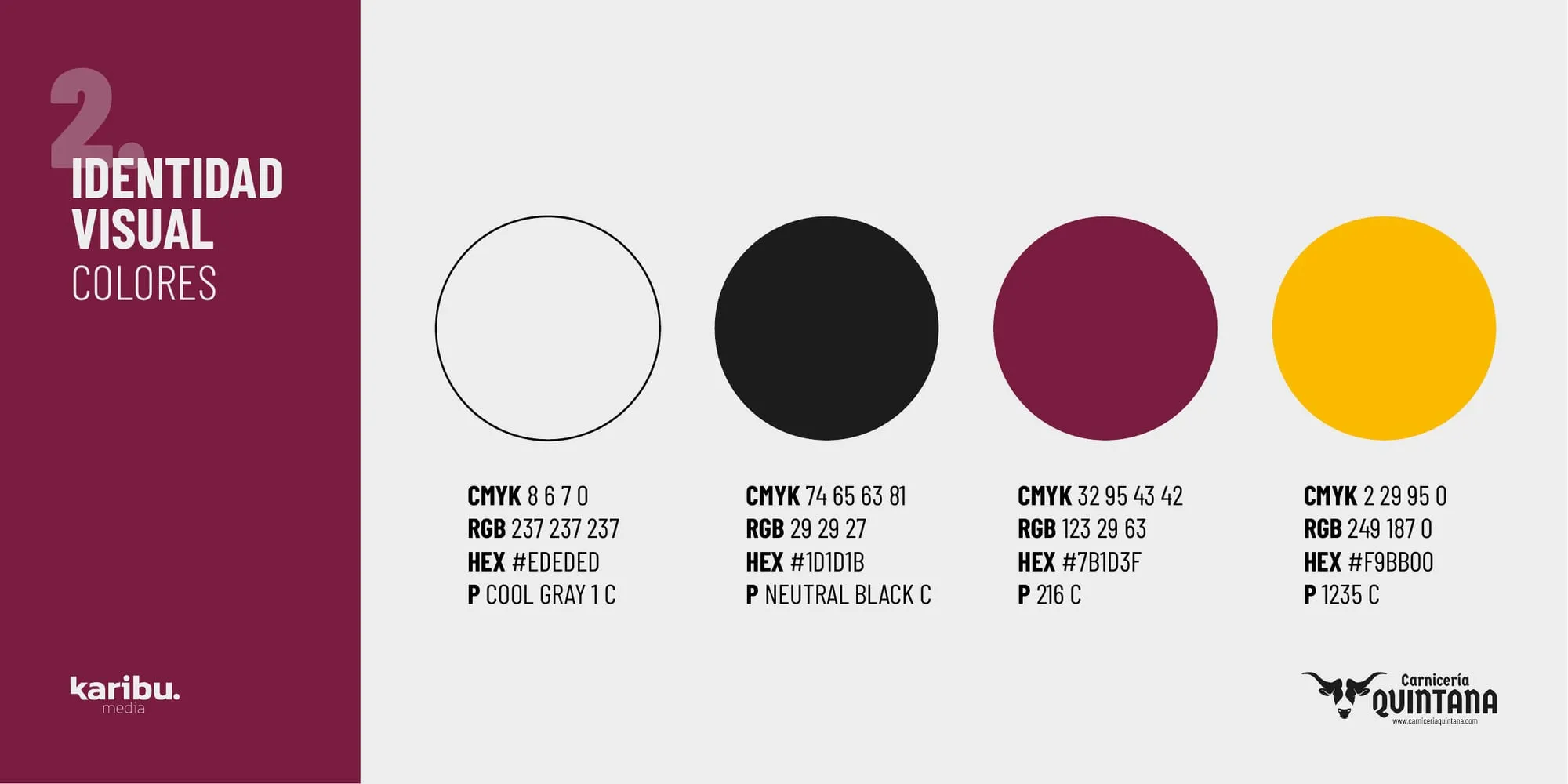 Página de colores del manual de identidad con cuatro círculos gris claro, negro, granate y amarillo