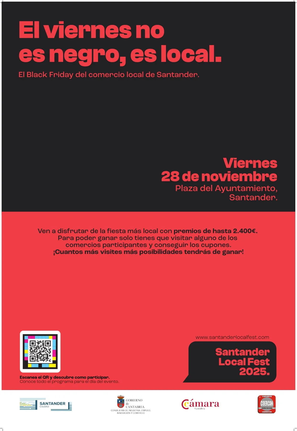 Mupi rojo de la campaña con el claim El viernes no es negro, es local y la fecha del festival