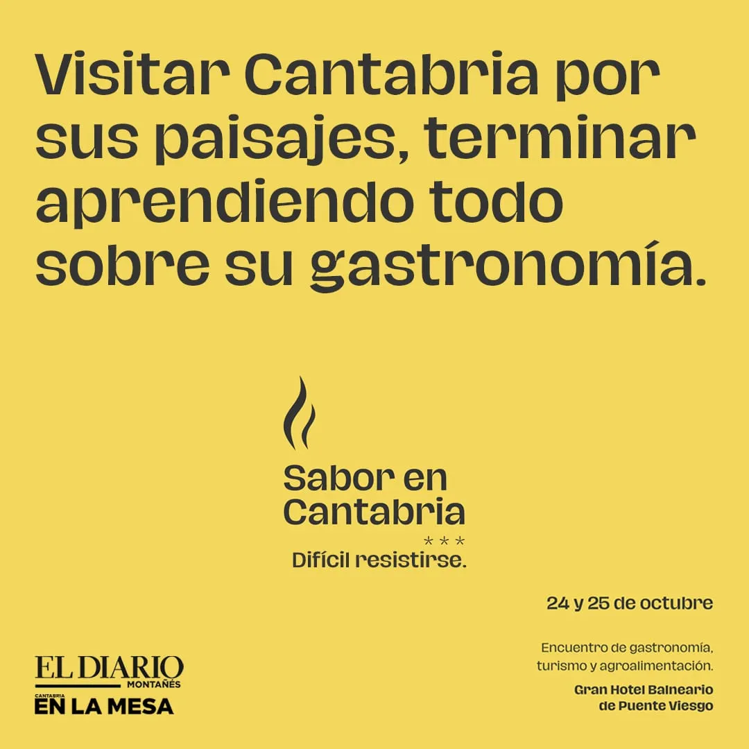 Creatividad amarilla con el texto Visitar Cantabria por sus paisajes, terminar aprendiendo todo sobre su gastronomía