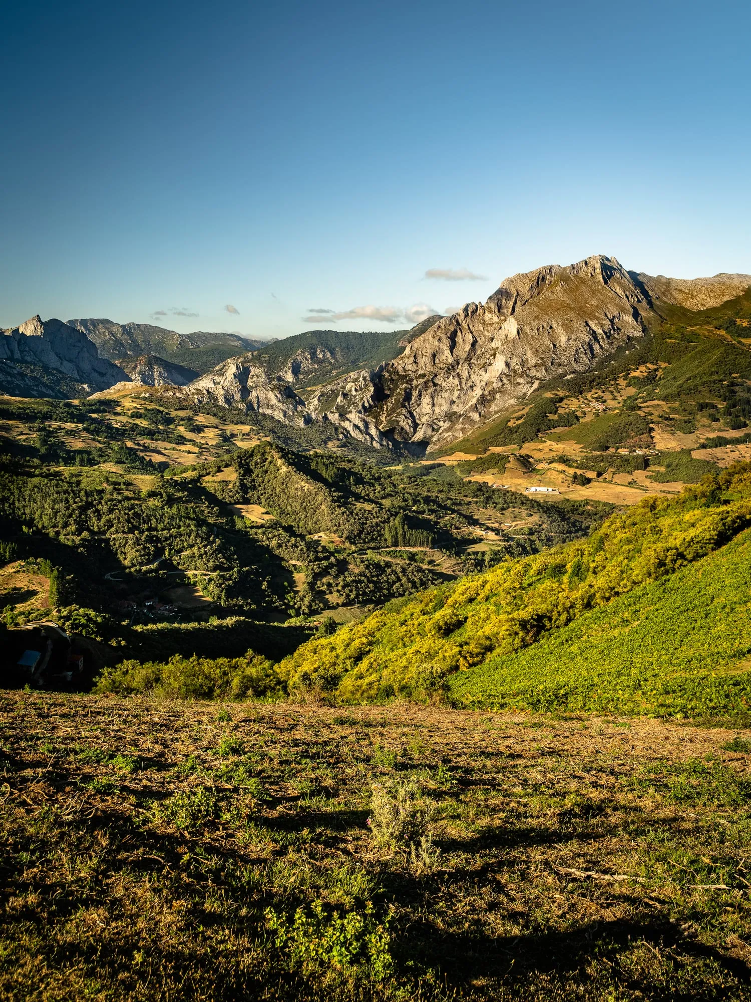 Valle de Liébana al atardecer, con laderas verdes y cumbres de roca al fondo