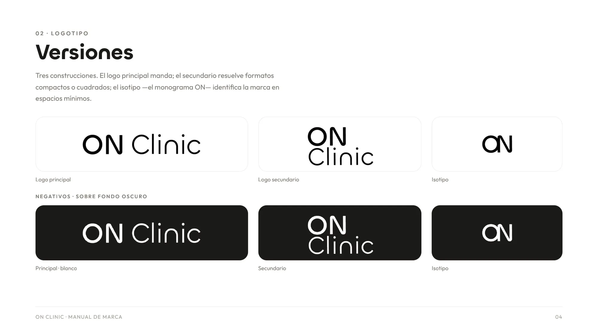 Página del manual con las tres versiones del logotipo, principal, secundario e isotipo, en positivo y negativo