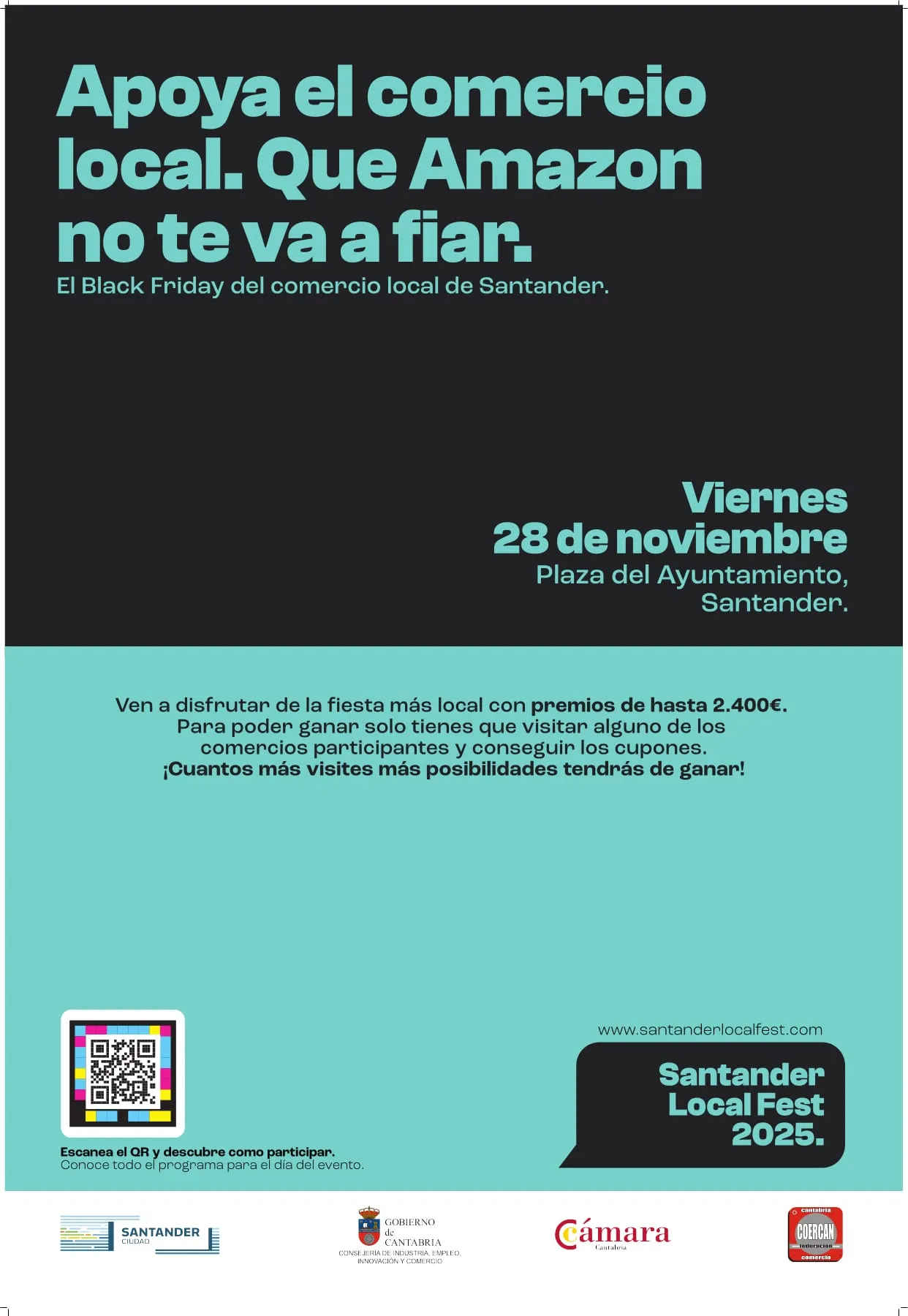 Mupi turquesa con el claim Apoya el comercio local, que Amazon no te va a fiar