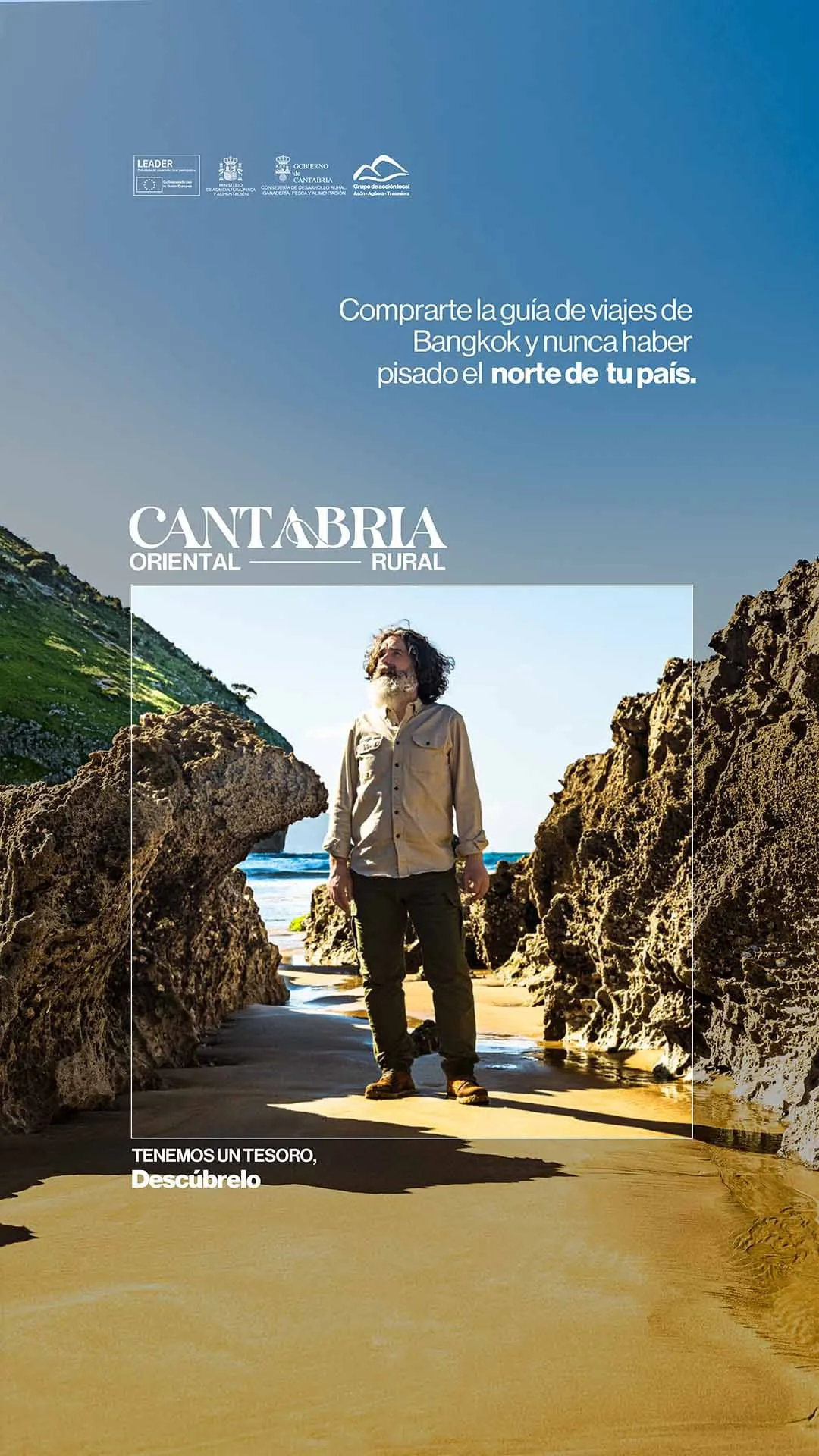 Pieza vertical de la campaña: hombre entre rocas de una playa con el texto sobre la guía de Bangkok
