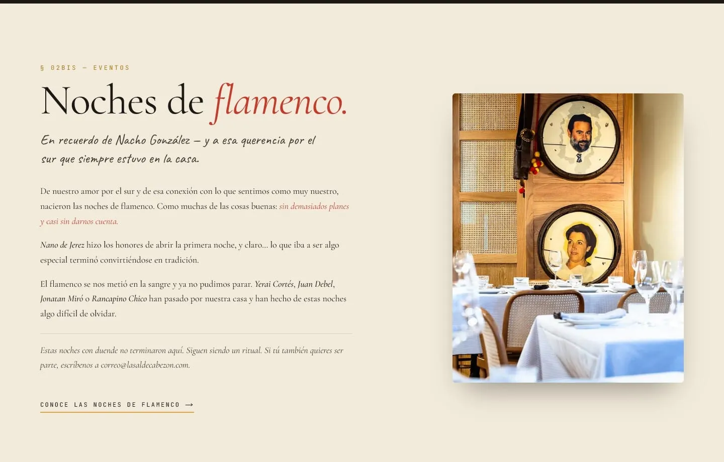 Sección Noches de flamenco de la web, con la historia de los encuentros y los retratos de los fundadores