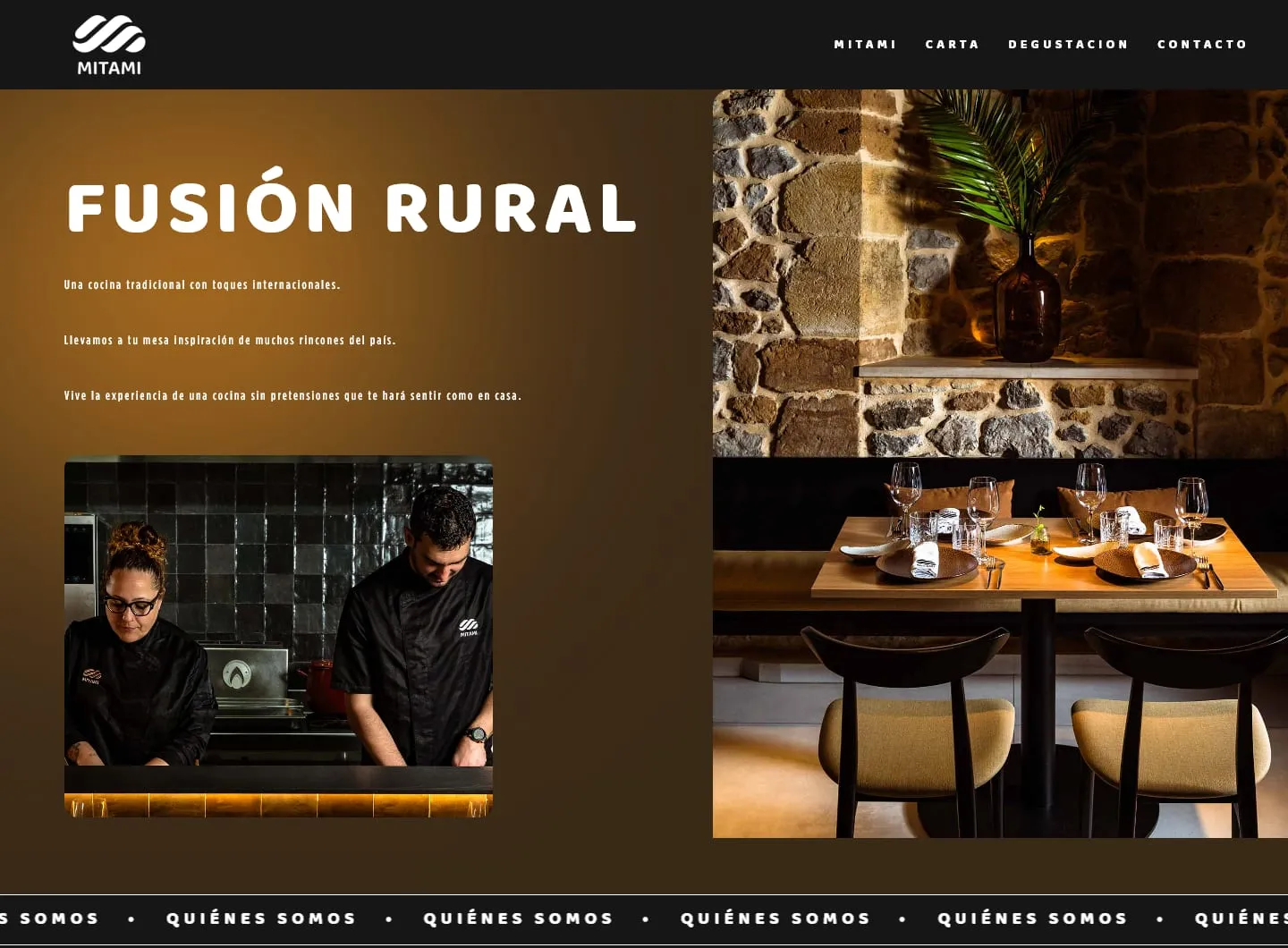 Portada de la web de Mitami con el titular Fusión rural, el equipo en cocina y el comedor