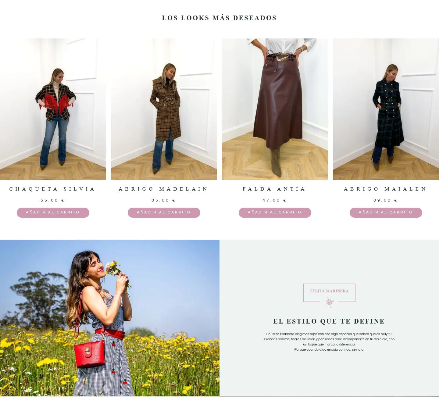 Sección Los looks más deseados de la tienda online, con cuatro prendas y precios, y el bloque El estilo que te define