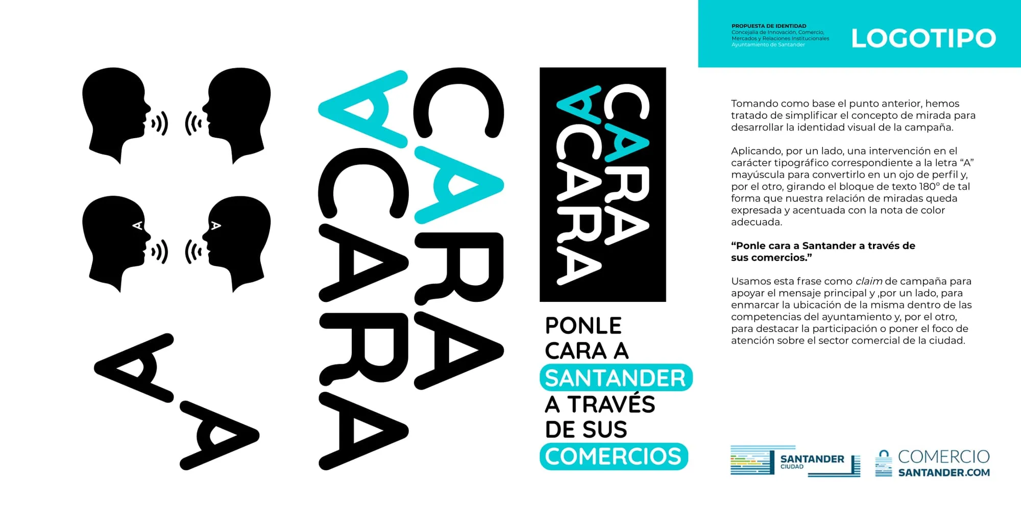 Página de la propuesta de identidad con la construcción del logotipo: dos perfiles que se miran y la A convertida en ojo