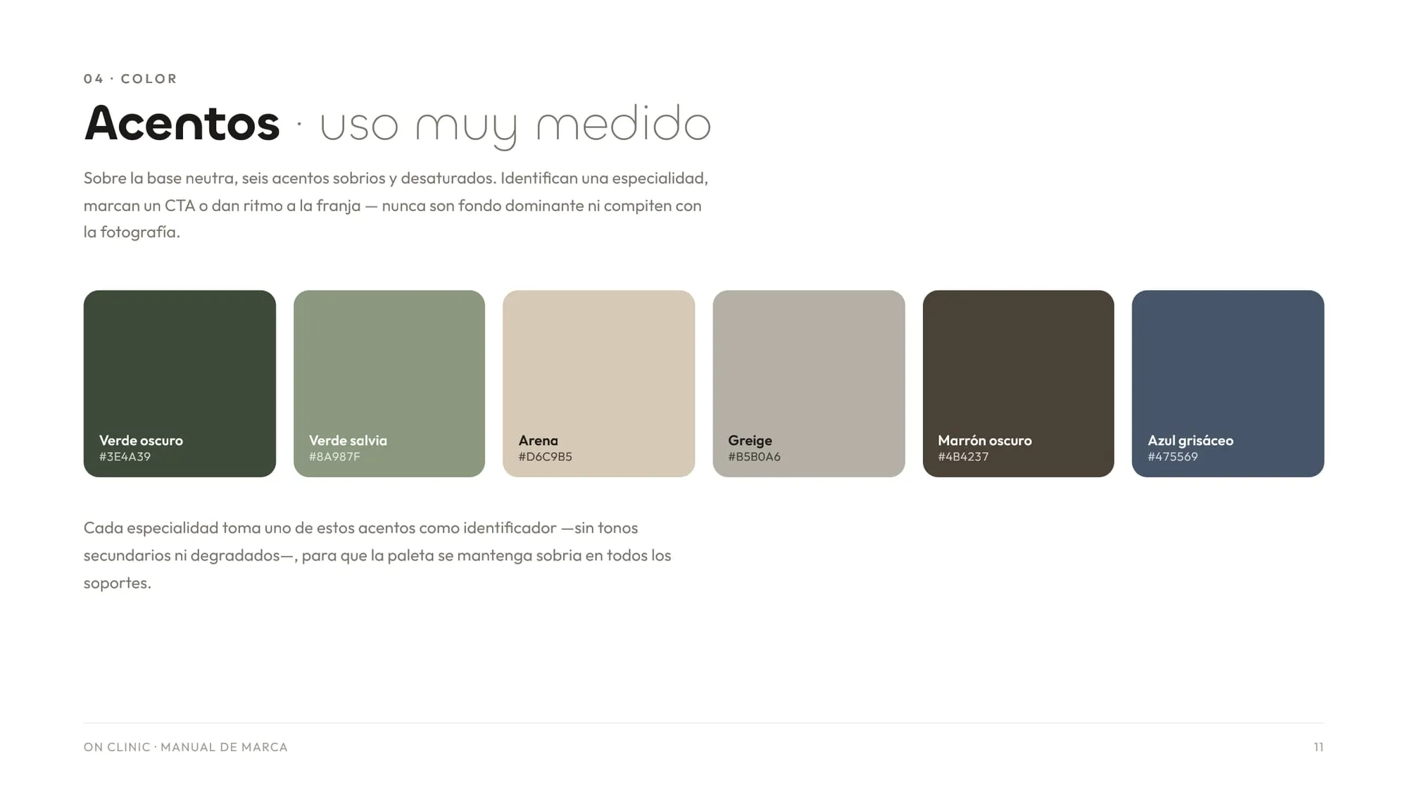 Paleta de seis acentos del manual: verde oscuro, verde salvia, arena, greige, marrón oscuro y azul grisáceo