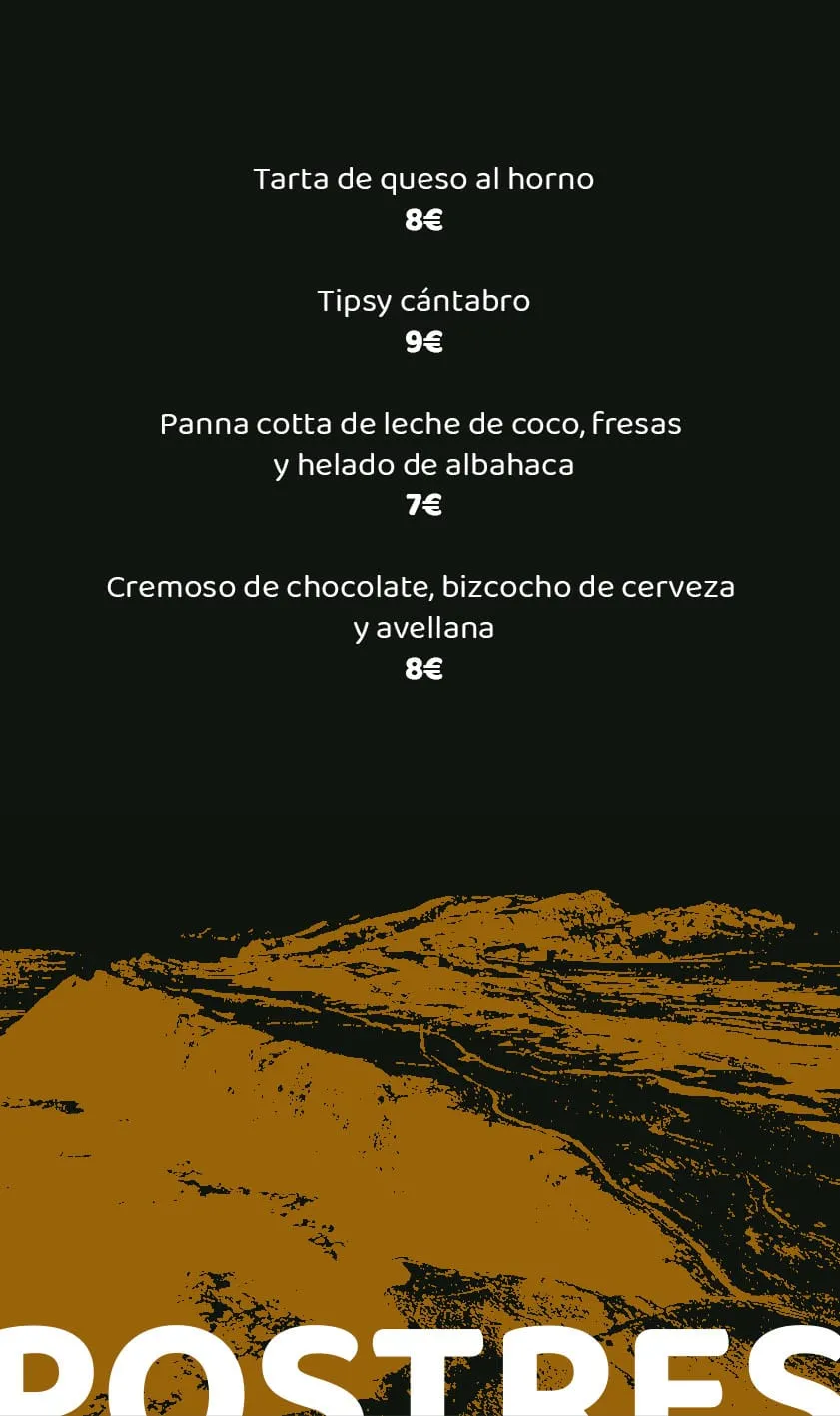 Carta de postres de Mitami en negro y ocre con un paisaje de montaña posterizado