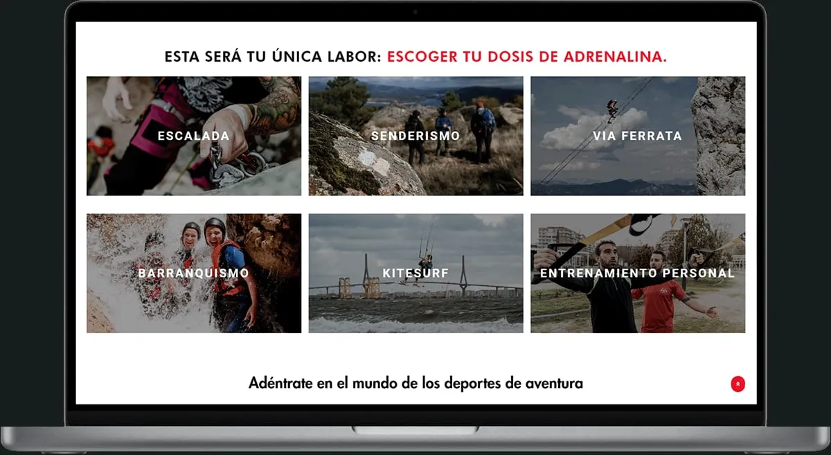 Cuadrícula de actividades de la web: escalada, senderismo, vía ferrata, barranquismo, kitesurf y entrenamiento personal