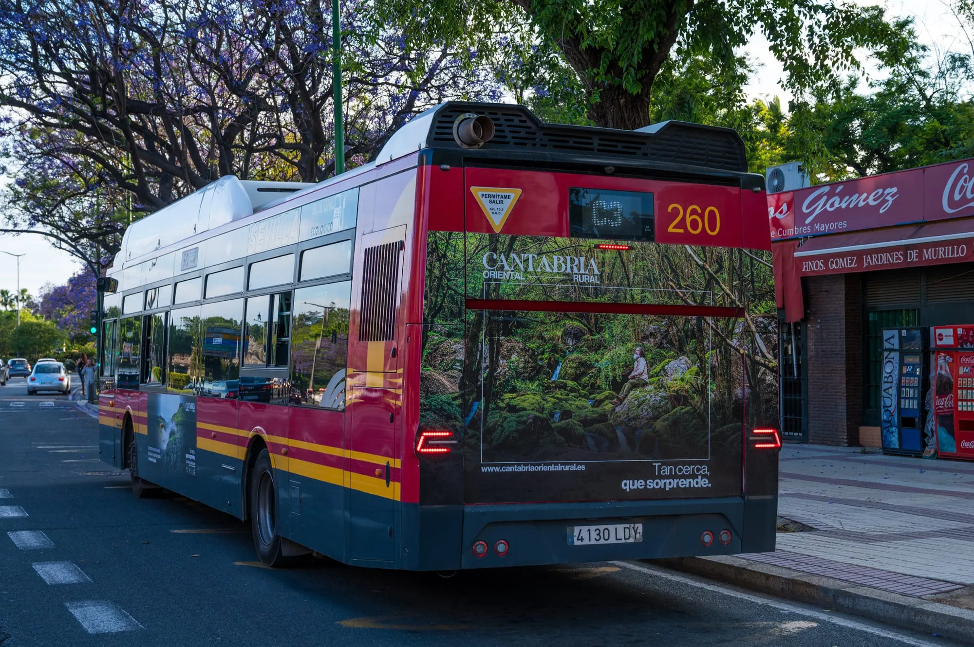 Trasera del autobús de Sevilla con el bosque de musgo, la web y el claim Tan cerca, que sorprende