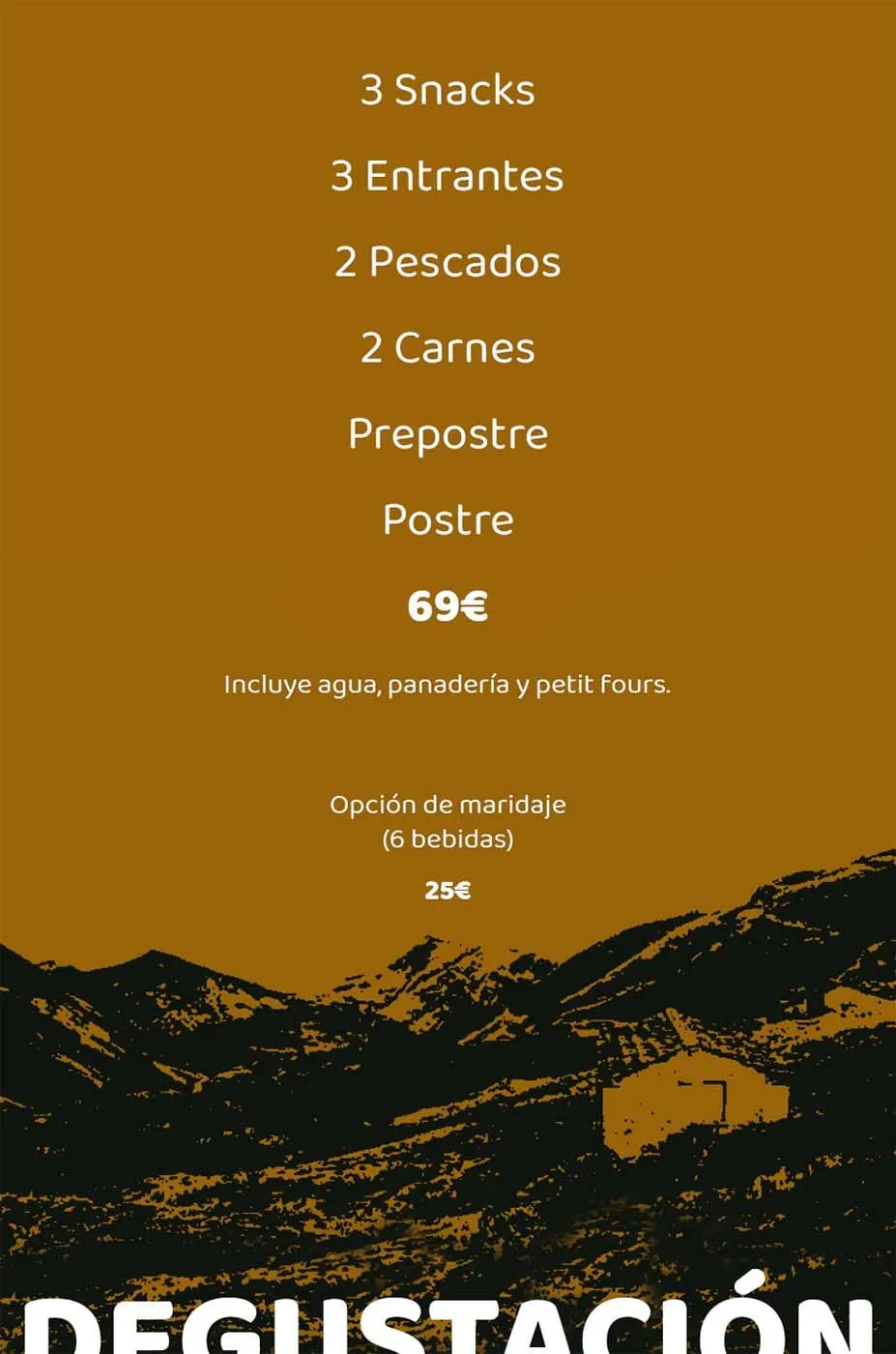 Carta del menú degustación de Mitami sobre fondo ocre con paisaje de montaña