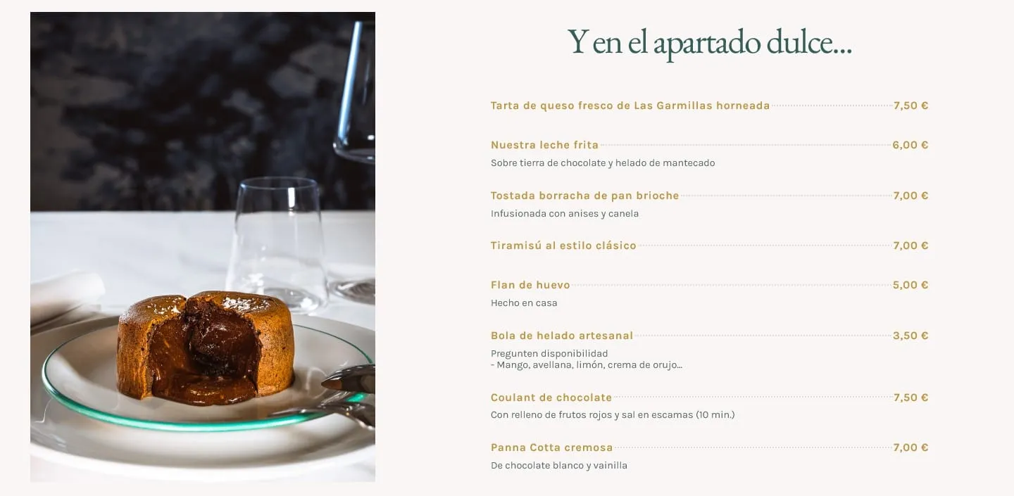 Apartado de postres de la carta en la web, con la foto del coulant de chocolate