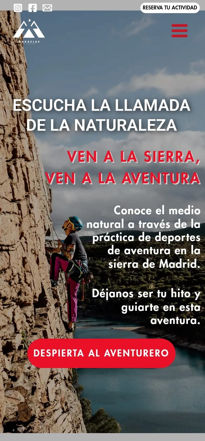 Versión móvil de la portada de la web, con el escalador y el botón rojo Despierta al aventurero