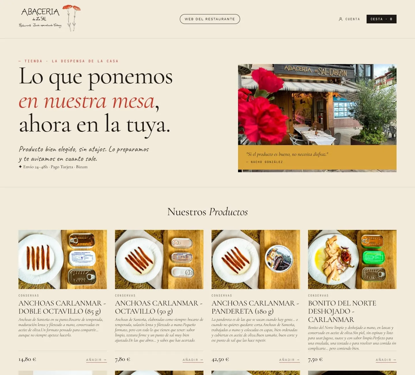 Portada de la tienda online con el titular Lo que ponemos en nuestra mesa, ahora en la tuya y la primera fila de conservas