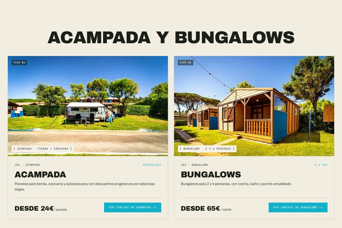 Sección Acampada y bungalows de la web con dos tarjetas, descripción y precio desde