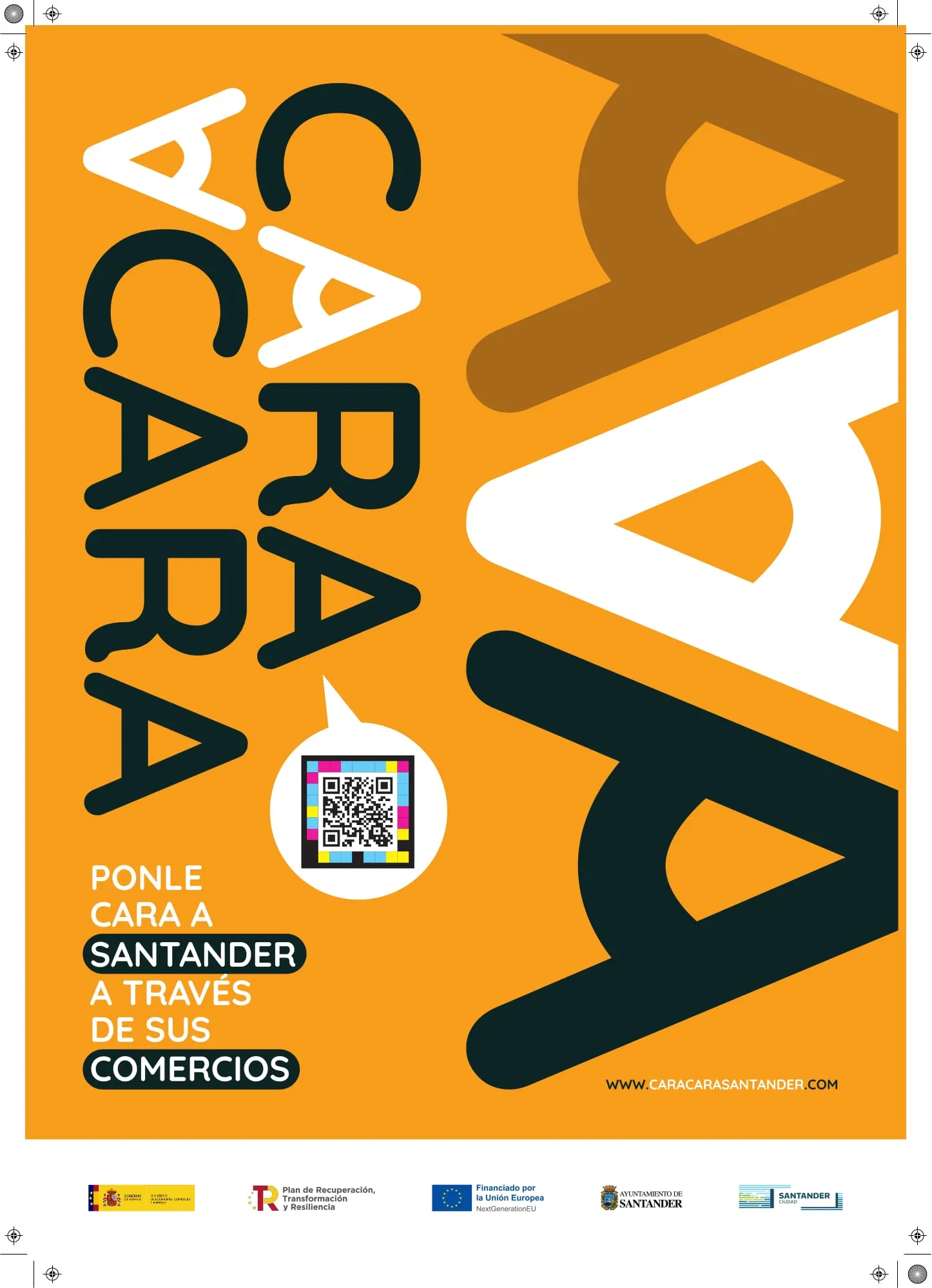 Cartel A3 naranja de Cara a Cara con el claim Ponle cara a Santander a través de sus comercios y código QR