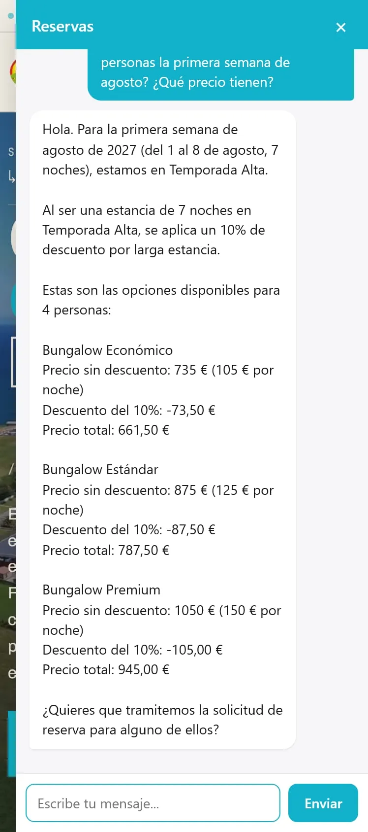 Conversación en móvil con el asistente: pregunta por bungalows para cuatro personas en agosto y respuesta con opciones, descuento y precios