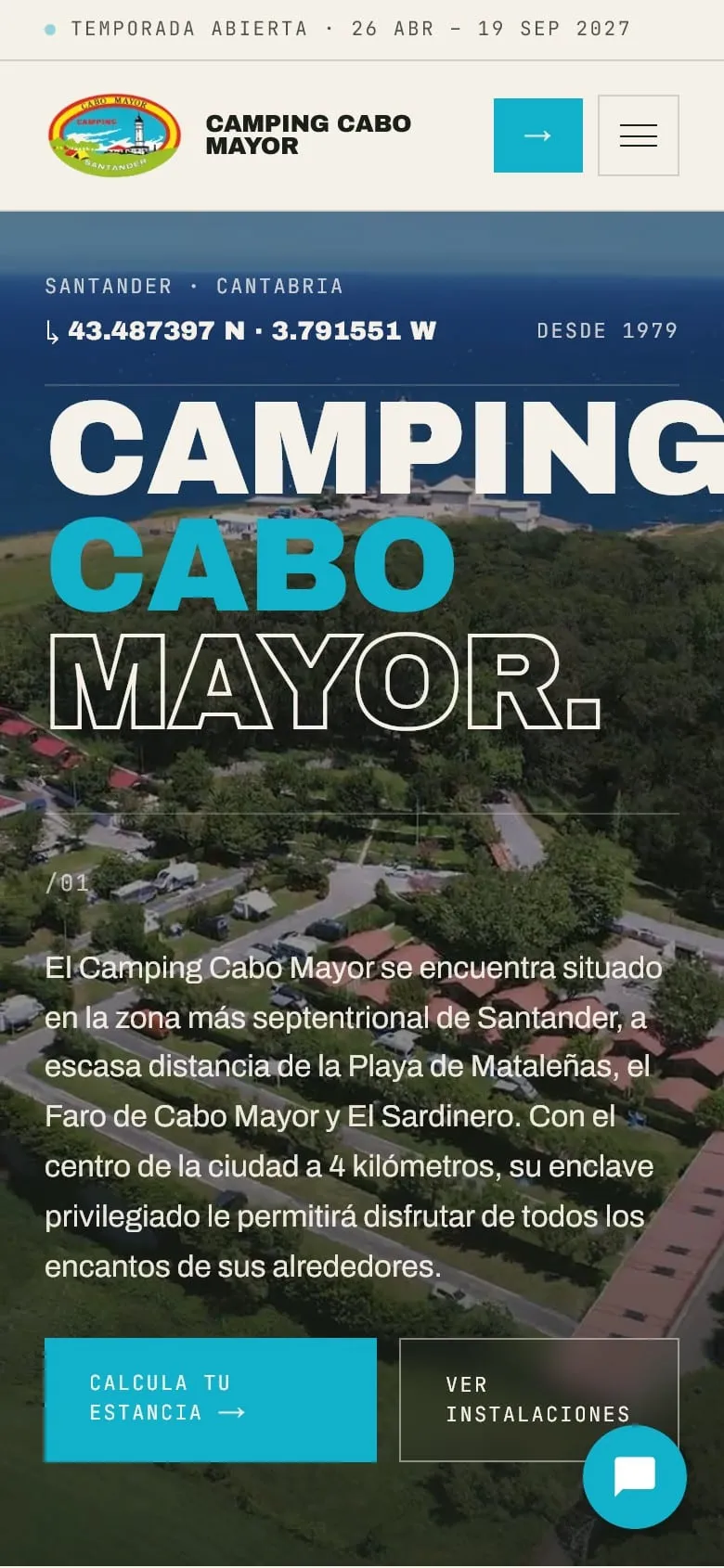 Versión móvil de la portada con el titular, el texto de situación, los botones y el icono del chat