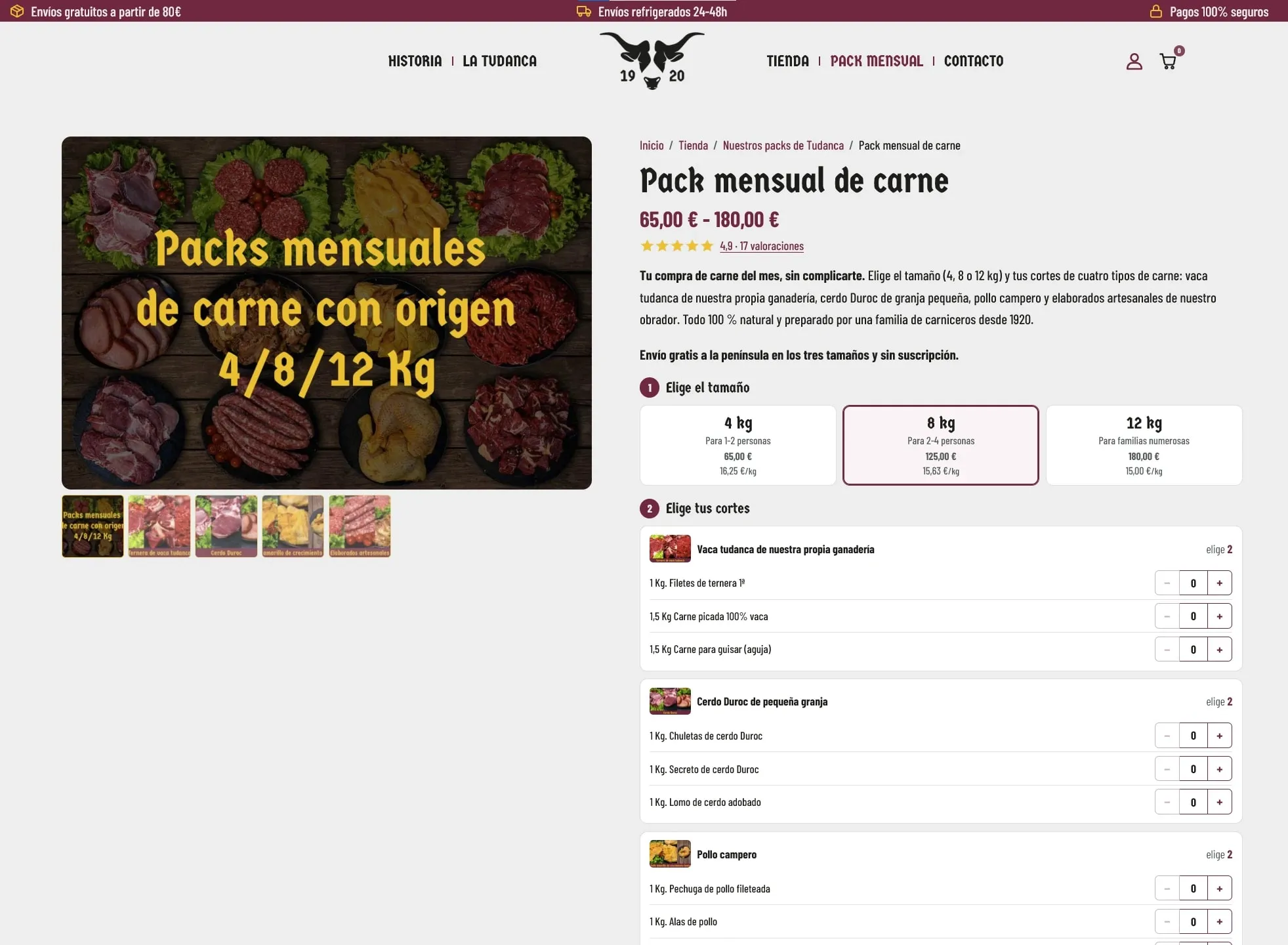 Página del pack mensual de carne en la web: tamaños de 4, 8 y 12 kg y selección de cortes de tudanca, cerdo Duroc y pollo campero