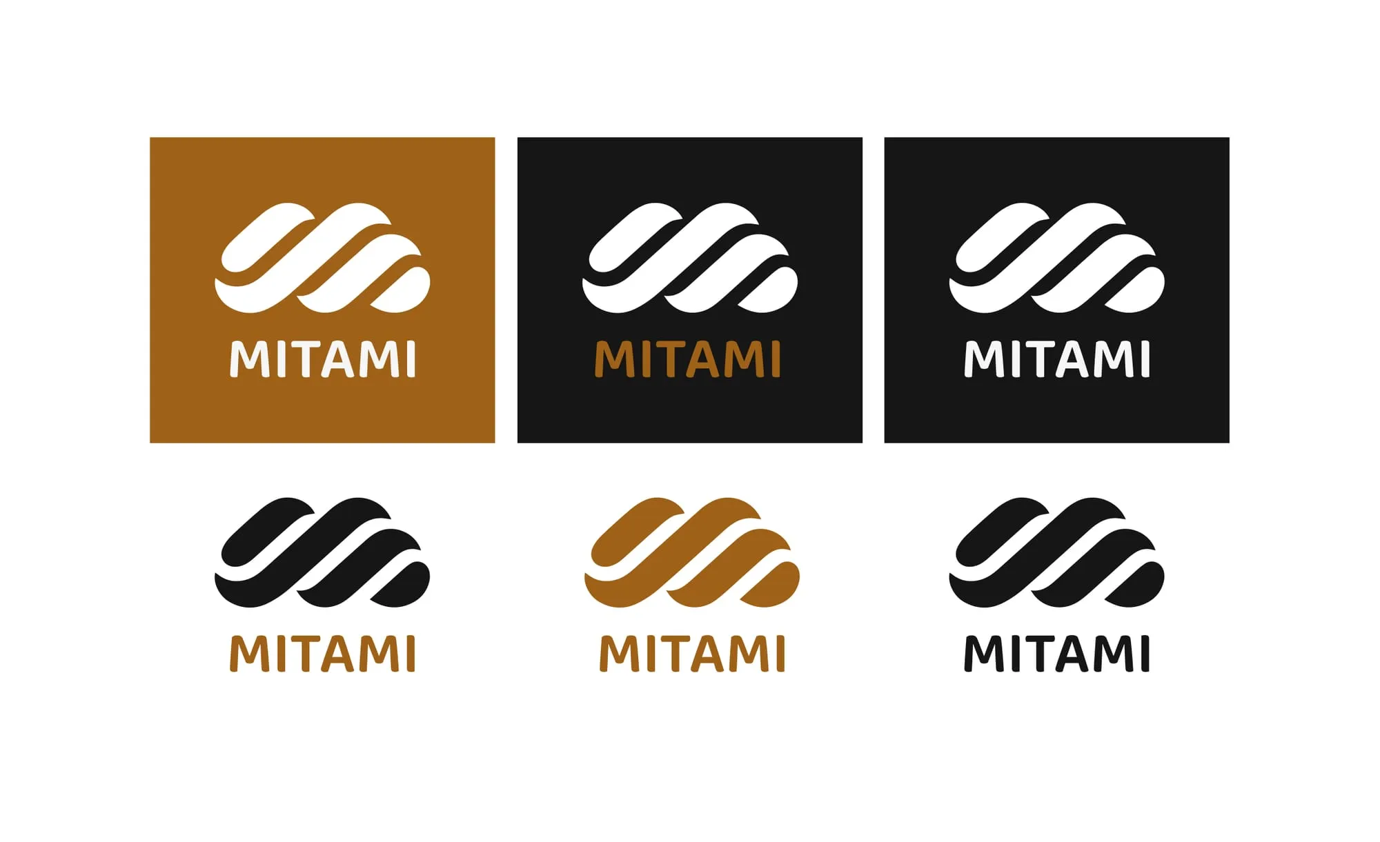 Versiones del logotipo de Mitami: símbolo de ondas y nombre en ocre, negro y blanco