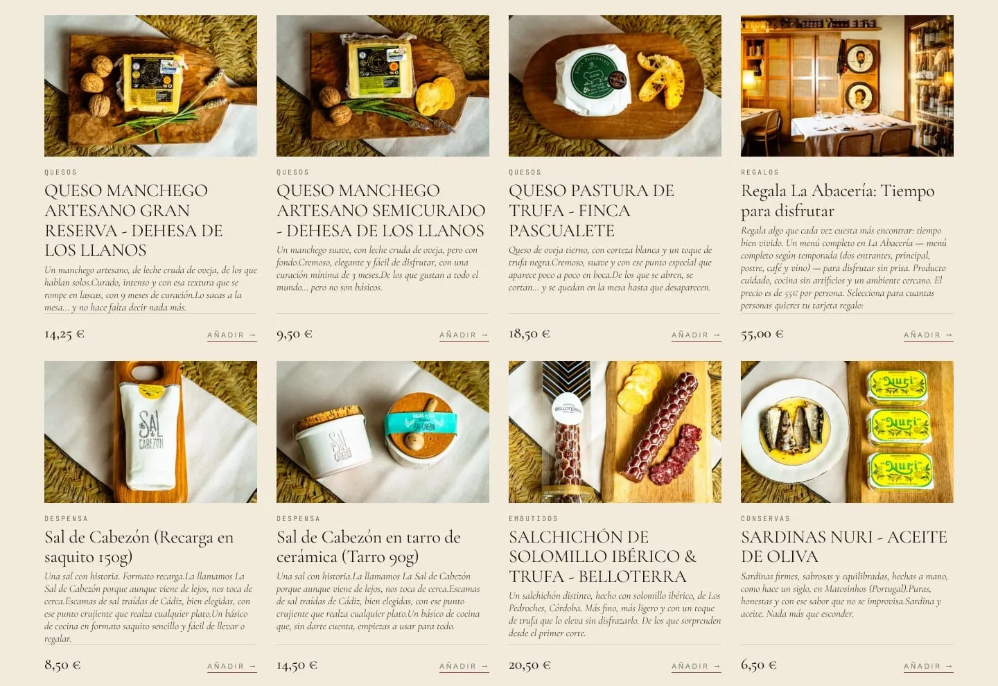 Catálogo de la tienda online con quesos, tarjeta regalo, Sal de Cabezón, salchichón ibérico y sardinas