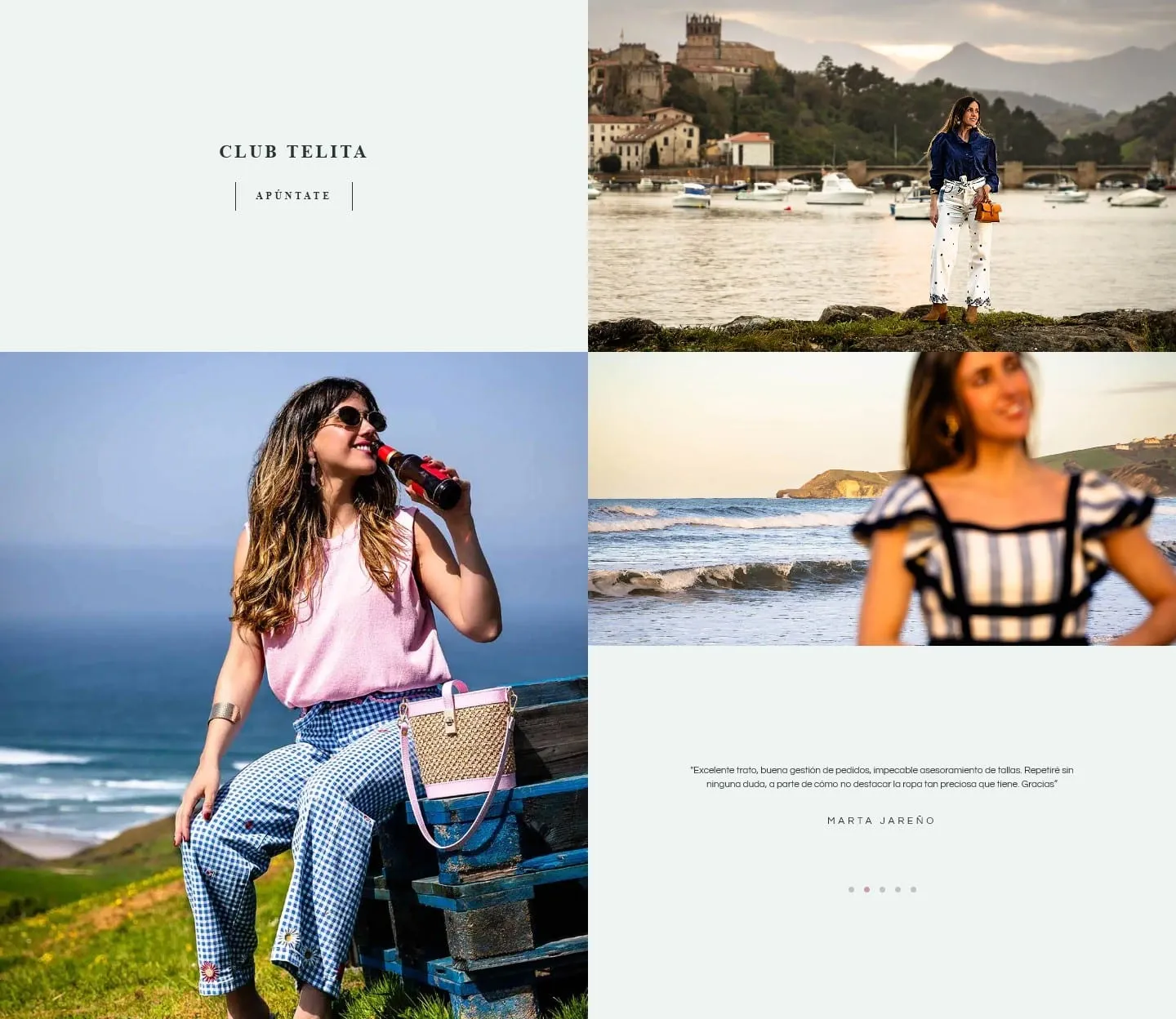 Bloque Club Telita de la web, con fotos de la ría y la costa y el testimonio de una clienta