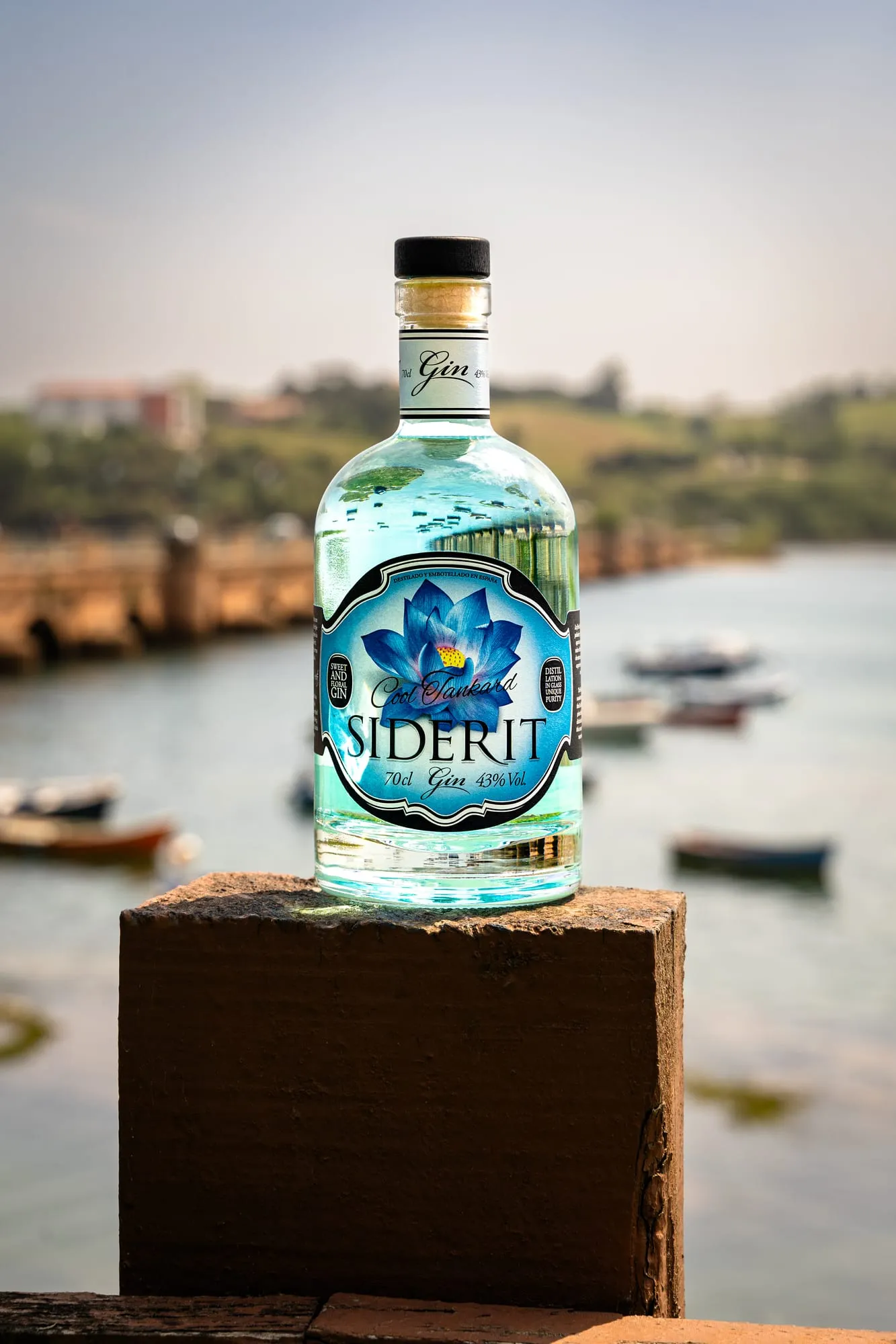 Ginebra Siderit de etiqueta azul sobre un poste de ladrillo con un puerto de barcas al fondo