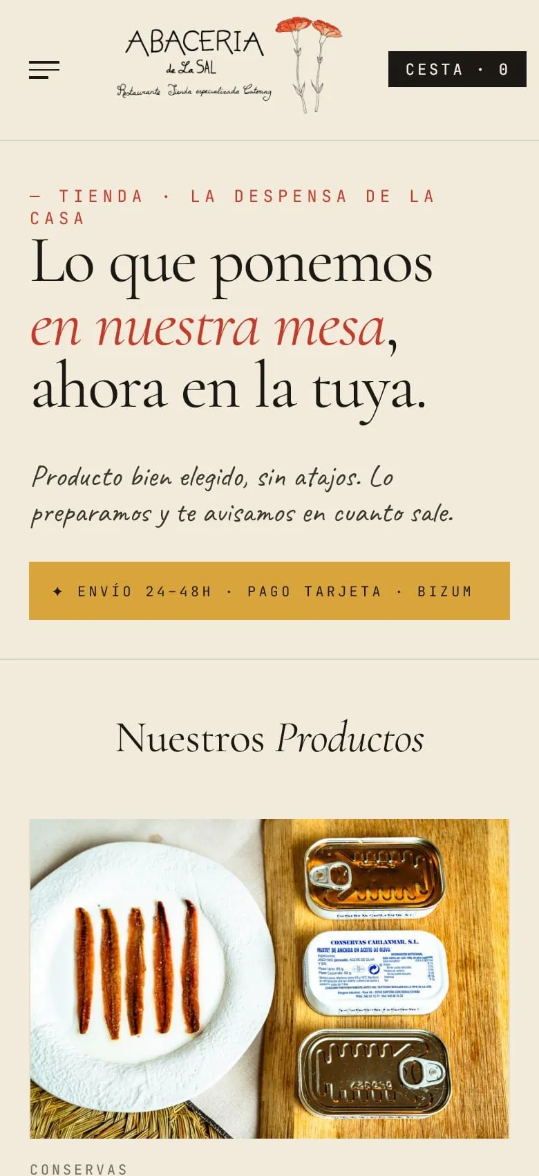 Versión móvil de la tienda con el titular y el aviso de envío en 24 a 48 horas, pago con tarjeta y Bizum