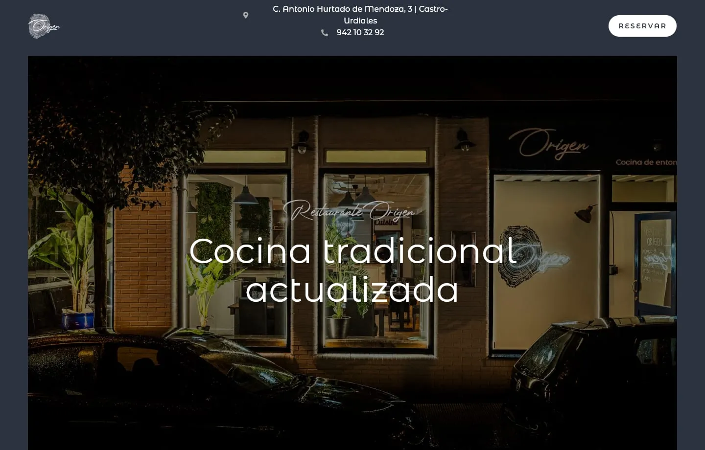 Portada de la nueva web de Origen con la fachada nocturna y el titular Cocina tradicional actualizada